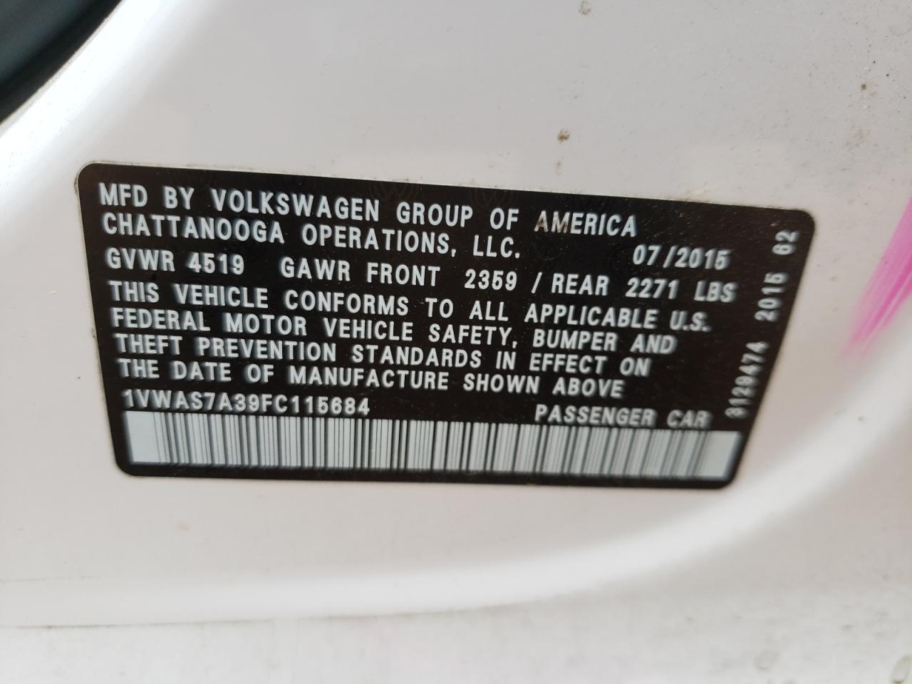 Photo 10 from auction – 2015 VOLKSWAGEN PASSAT S with VIN 1VWAS7A39FC115684