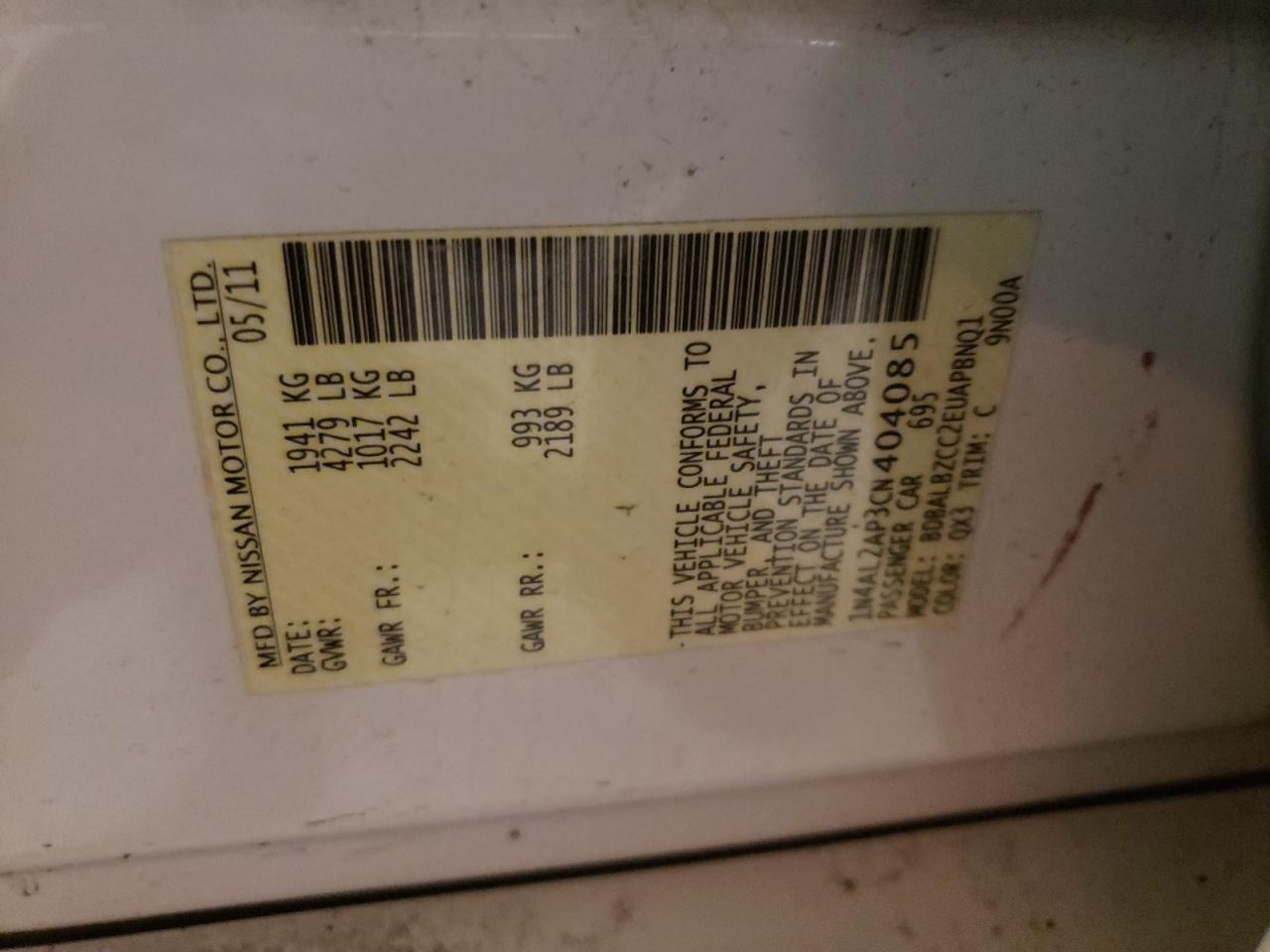 Foto 10 de la subasta – 2012 NISSAN ALTIMA BAS con VIN 1N4AL2AP3CN404085