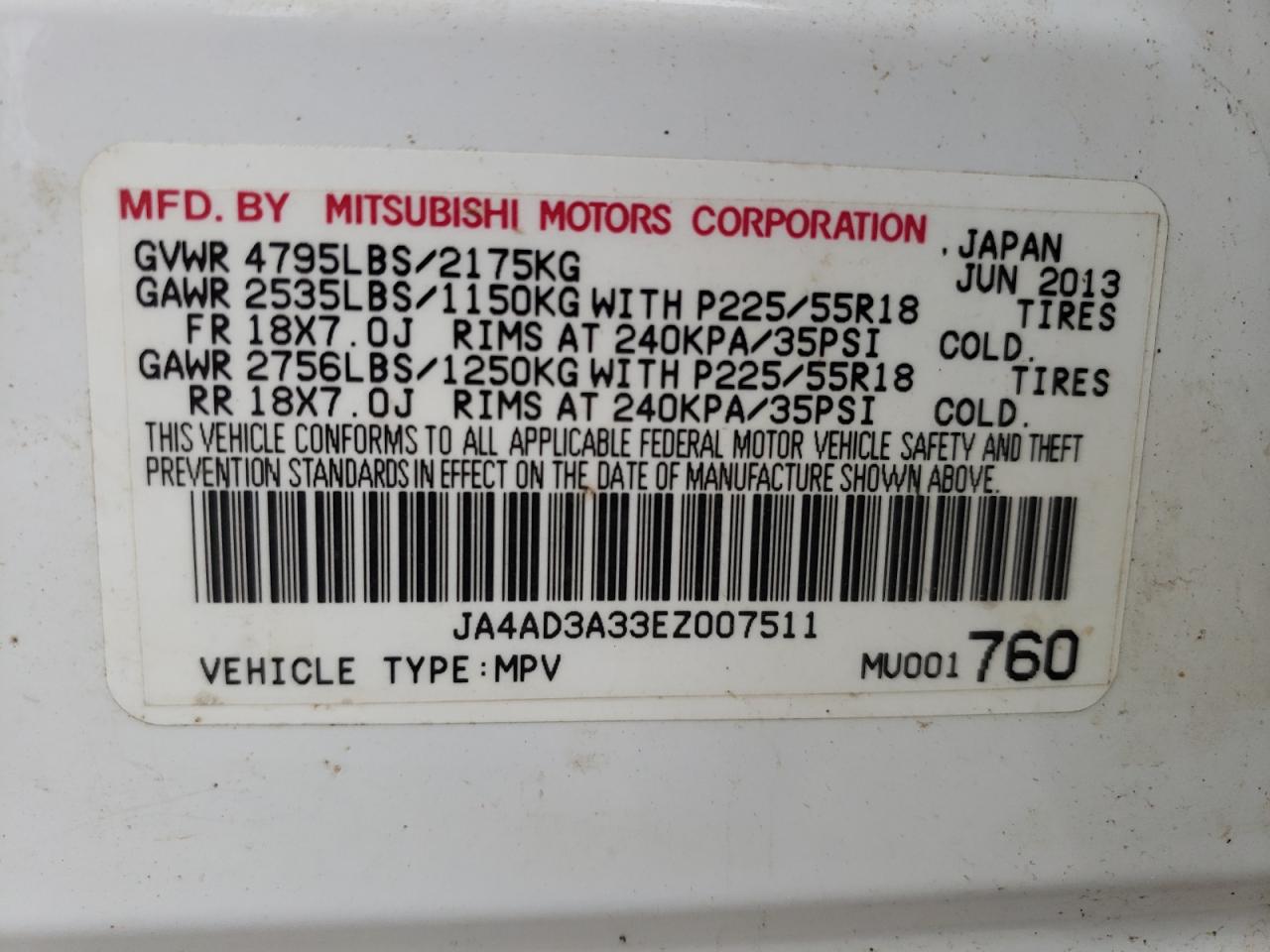 Photo 10 from auction – 2014 MITSUBISHI OUTLANDER with VIN JA4AD3A33EZ007511