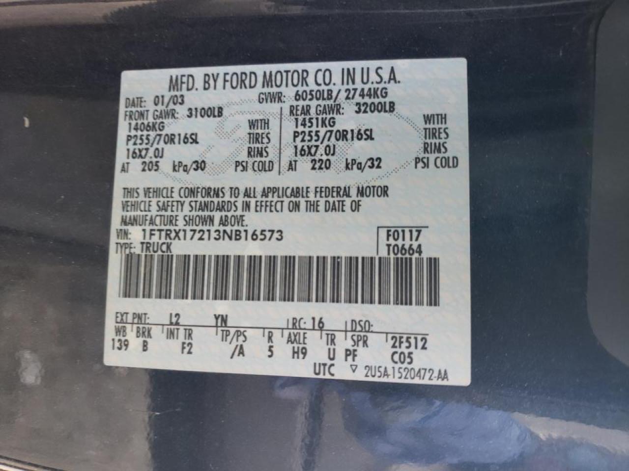 Foto 10 de la subasta – 2003 FORD F150 con VIN 1FTRX17213NB16573