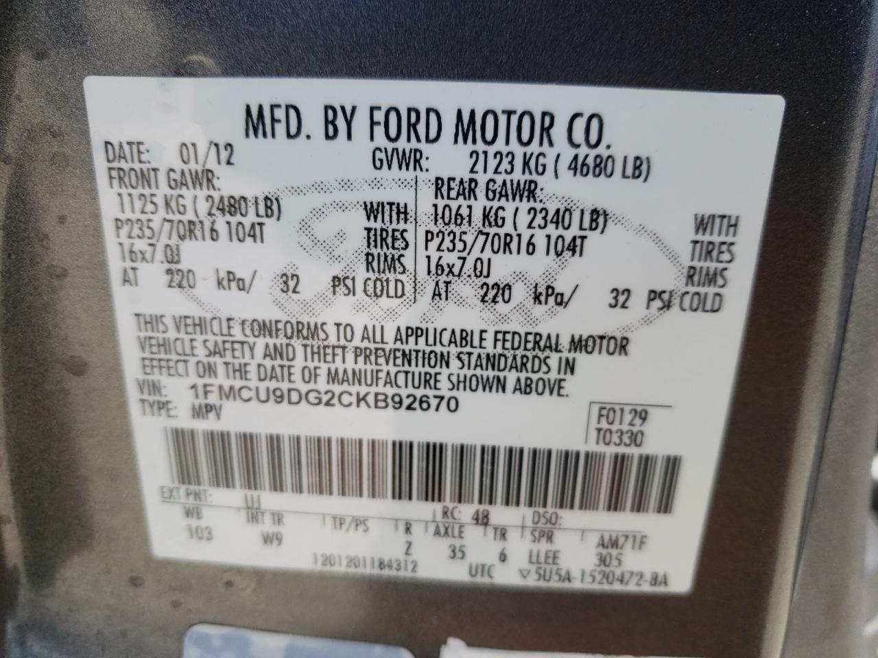 Photo 10 from auction – 2012 FORD ESCAPE XLT with VIN 1FMCU9DG2CKB92670