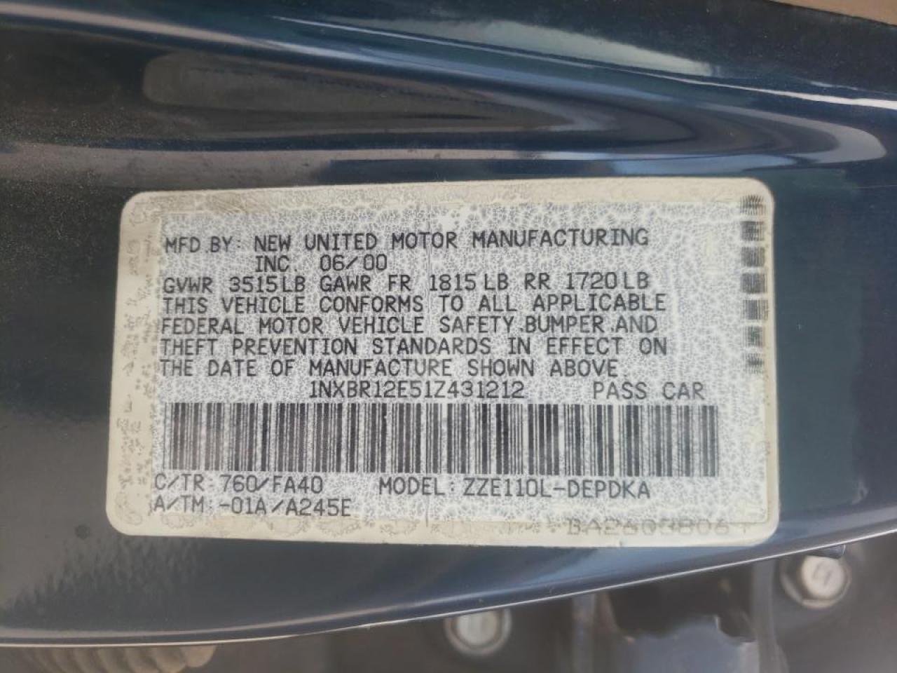 Photo 10 from auction – 2001 TOYOTA COROLLA with VIN 1NXBR12E51Z431212