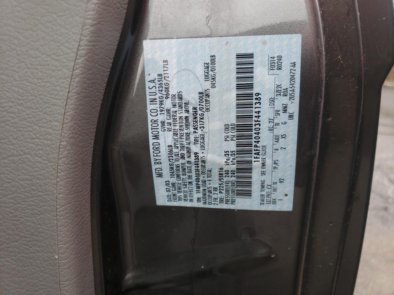 Photo 10 from auction – 2003 FORD MUSTANG with VIN 1FAFP40403F441389