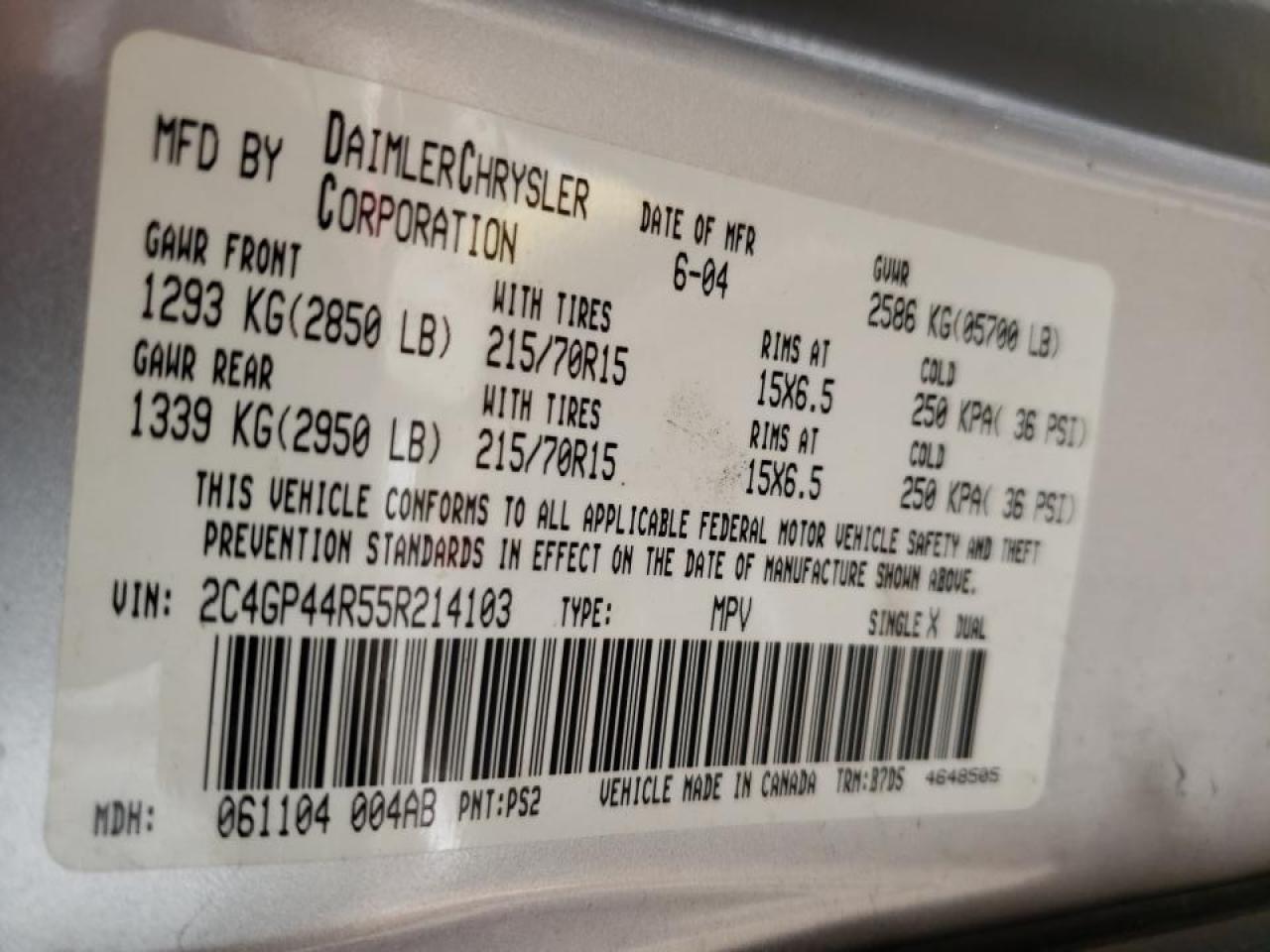 Photo 20 from auction – 2005 CHRYSLER TOWN & COU with VIN 2C4GP44R55R214103