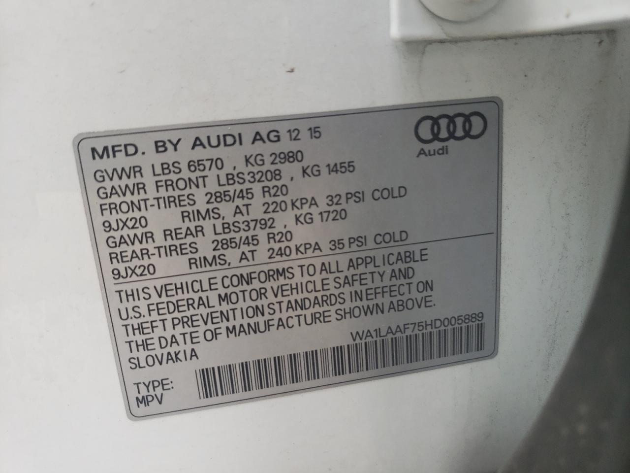 Photo 10 from auction – 2017 AUDI Q7 PREMIUM with VIN WA1LAAF75HD005889
