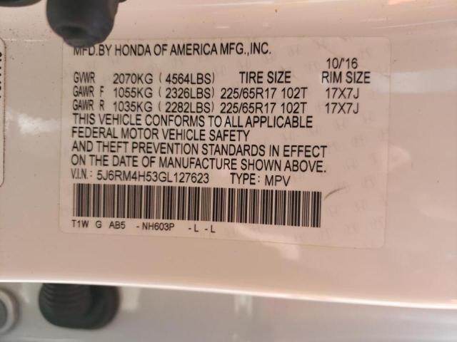 Photo 10 from auction – 2016 HONDA CR-V EX with VIN 5J6RM4H53GL127623