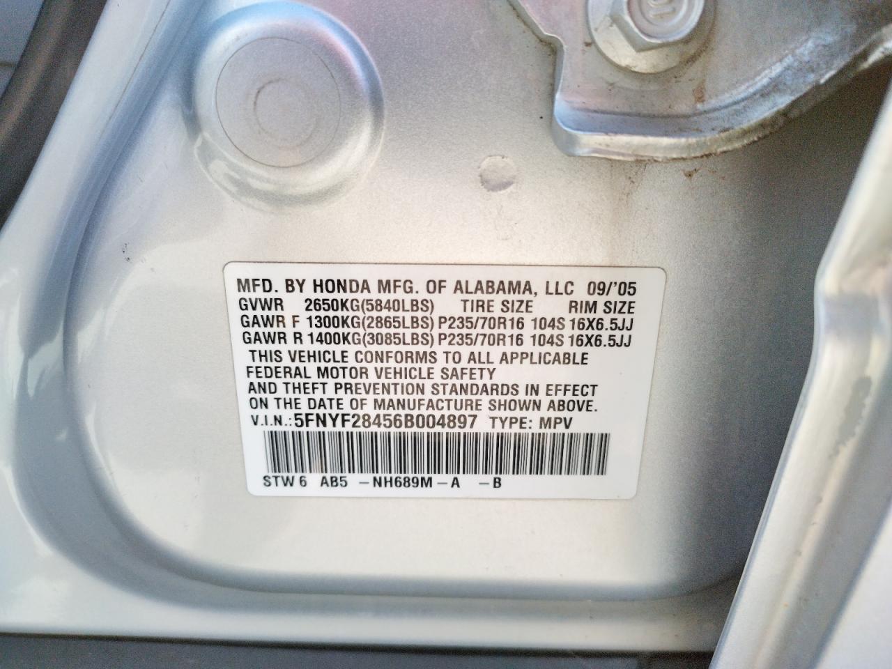 Photo 10 from auction – 2006 HONDA PILOT EX with VIN 5FNYF28456B004897