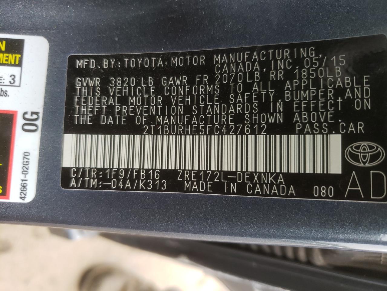 Photo 10 from auction – 2015 TOYOTA COROLLA L with VIN 2T1BURHE5FC427612