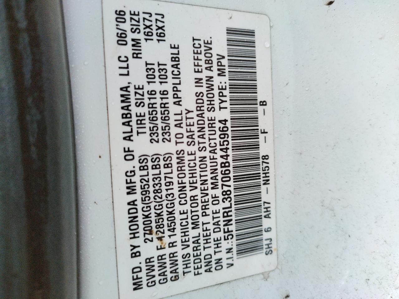 Photo 10 from auction – 2006 HONDA ODYSSEY EX with VIN 5FNRL38706B445964