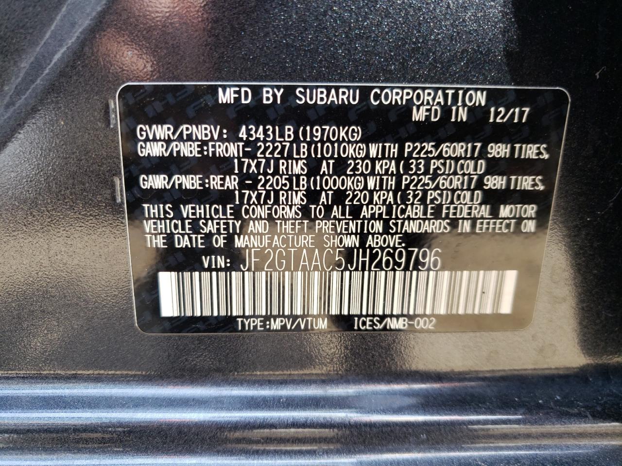 Photo 10 from auction – 2018 SUBARU CROSSTREK with VIN JF2GTAAC5JH269796