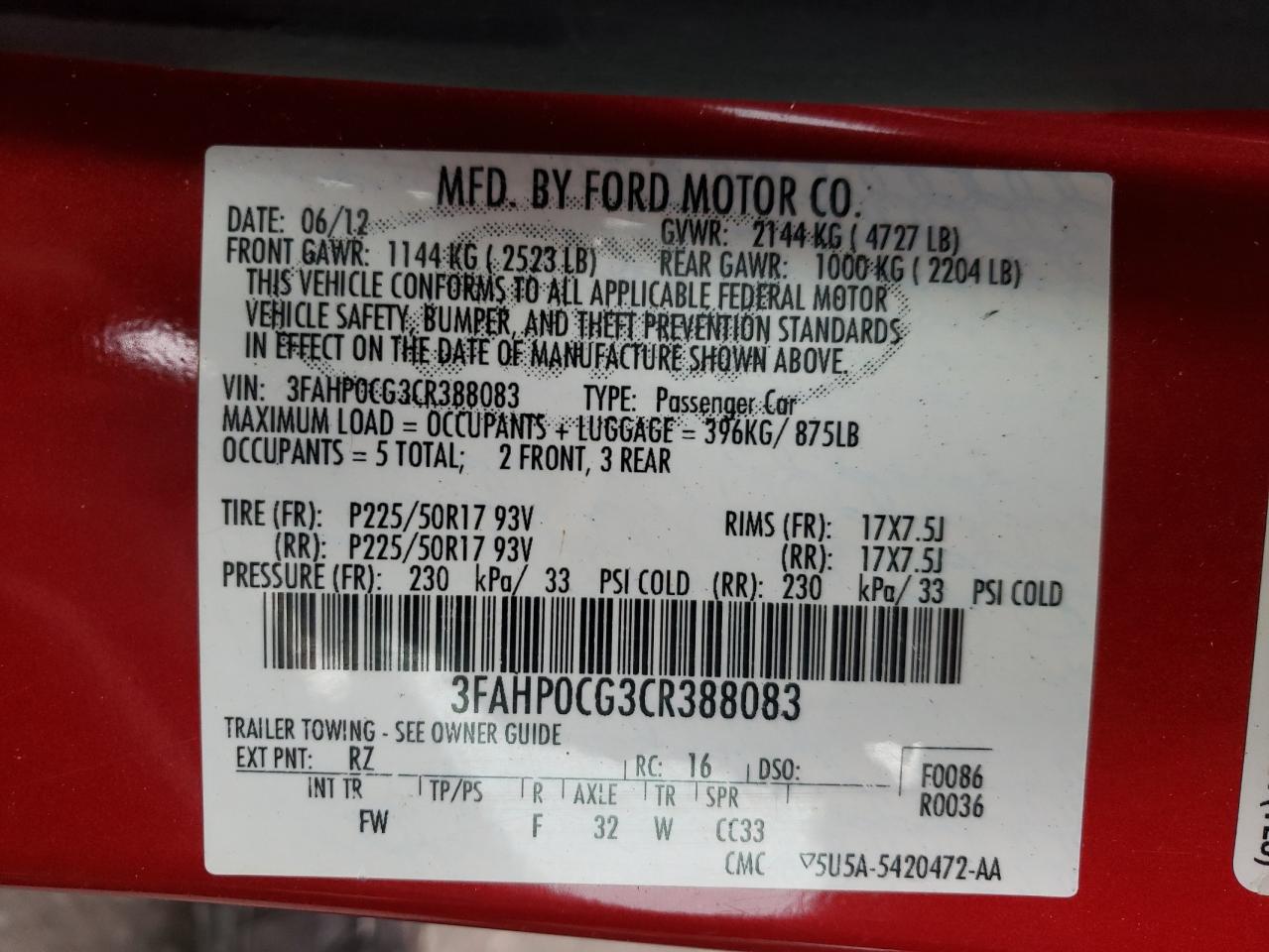 Photo 10 from auction – 2012 FORD FUSION SEL with VIN 3FAHP0CG3CR388083