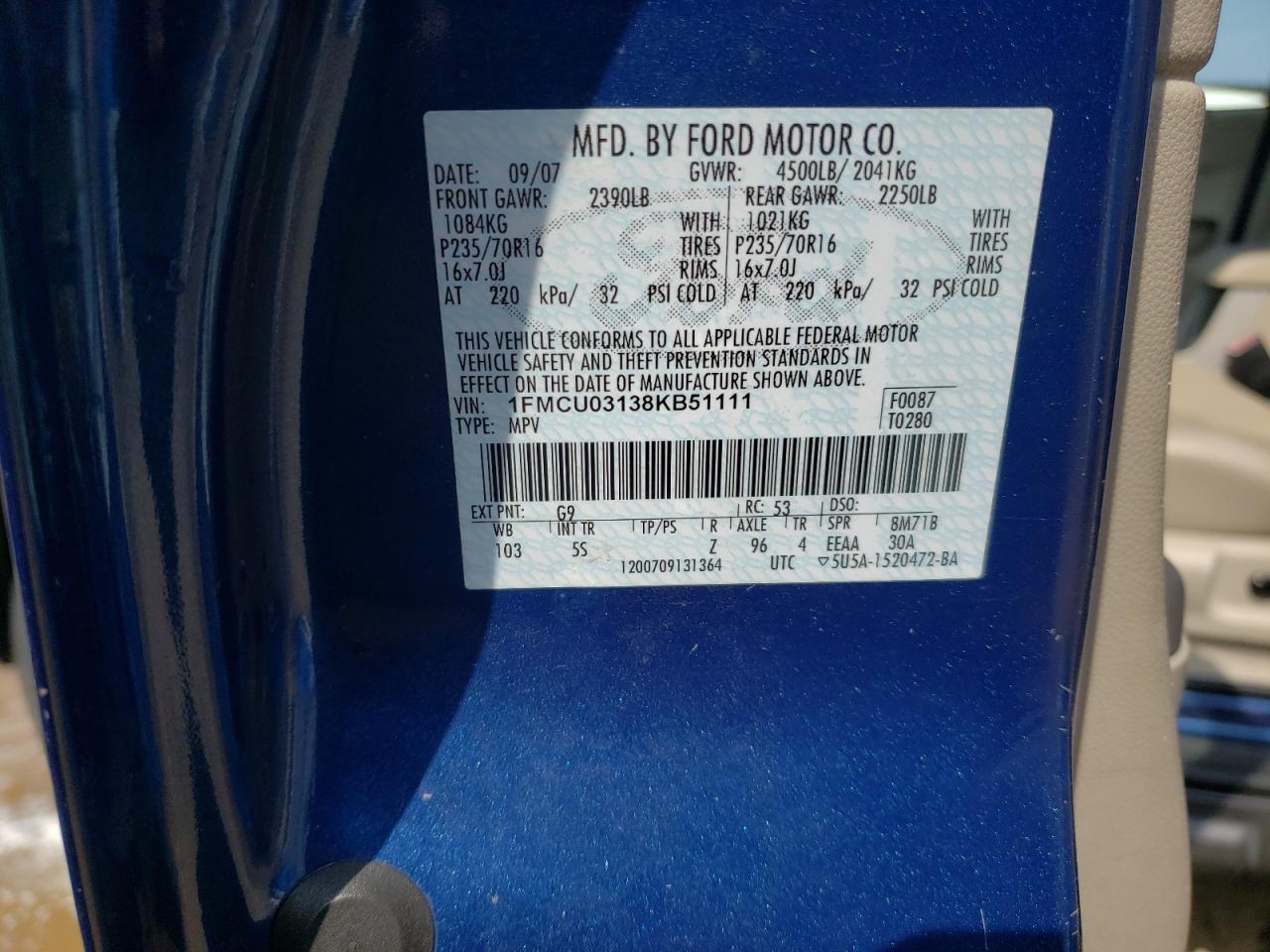 Photo 10 from auction – 2008 FORD ESCAPE XLT with VIN 1FMCU03138KB51111