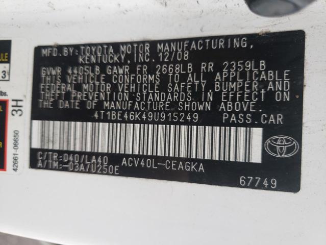 Photo 10 from auction – 2009 TOYOTA CAMRY BASE with VIN 4T1BE46K49U915249