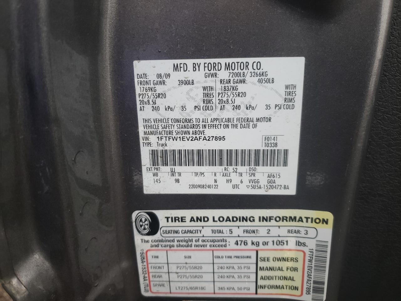 Photo 10 from auction – 2010 FORD F150 SUPER with VIN 1FTFW1EV2AFA27895