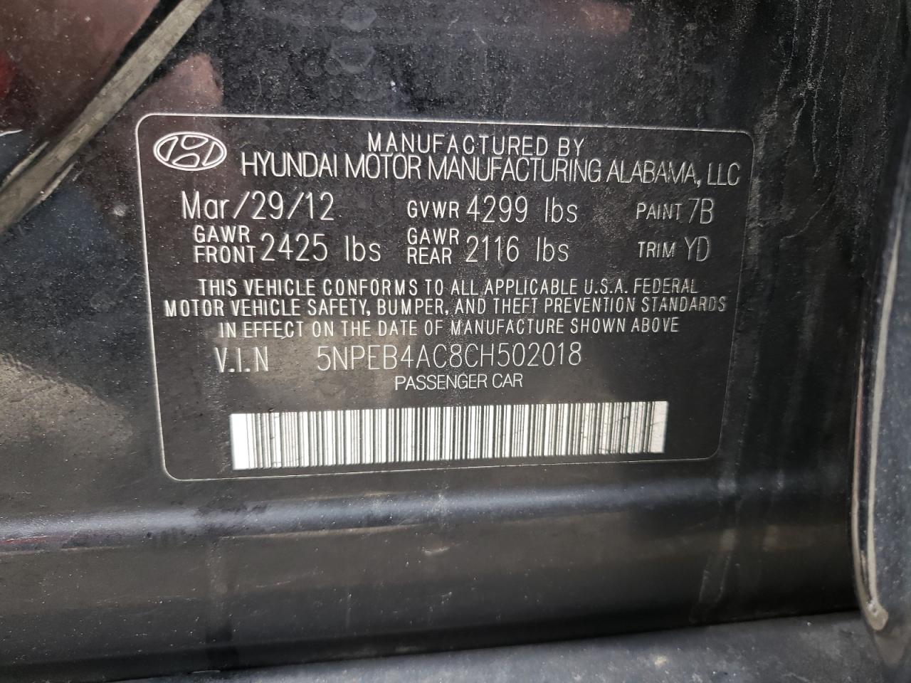 Photo 10 from auction – 2012 HYUNDAI SONATA GLS with VIN 5NPEB4AC8CH502018