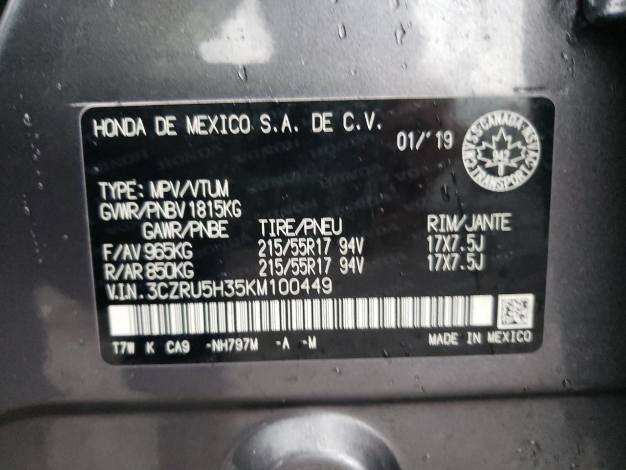 Photo 10 from auction – 2019 HONDA HR-V LX with VIN 3CZRU5H35KM100449