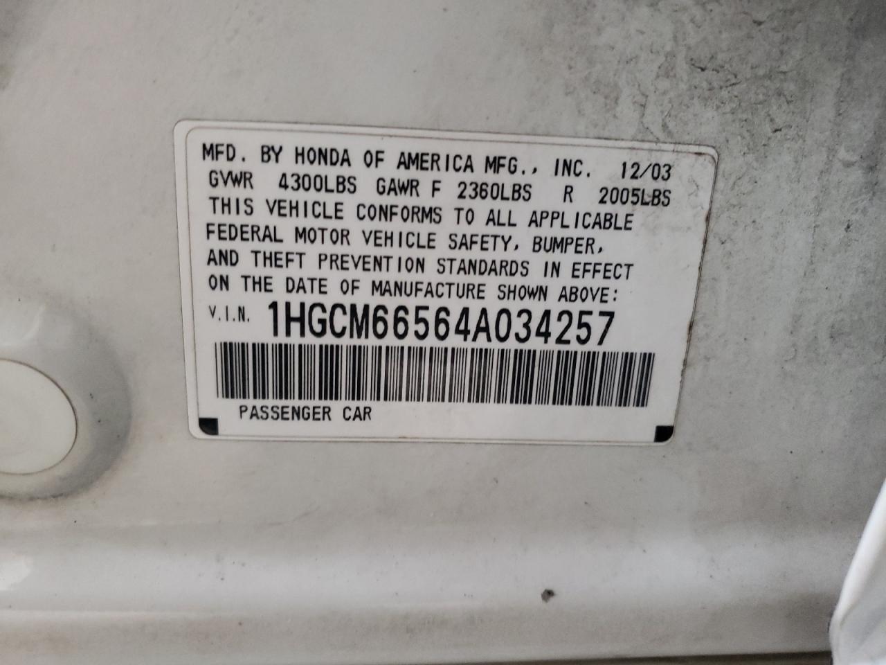 Photo 10 from auction – 2004 HONDA ACCORD EX with VIN 1HGCM66564A034257