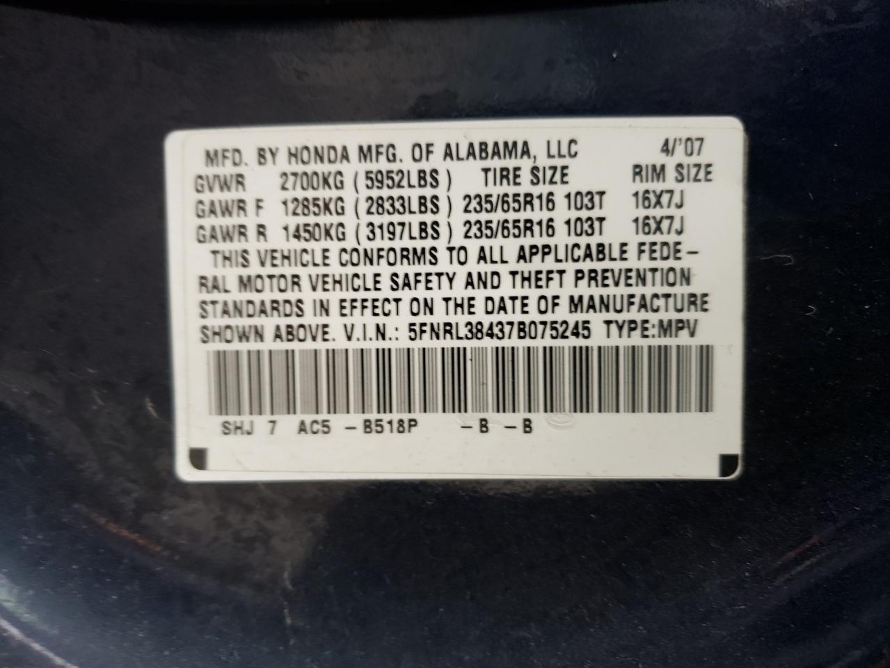 Photo 10 from auction – 2007 HONDA ODYSSEY EX with VIN 5FNRL38437B075245