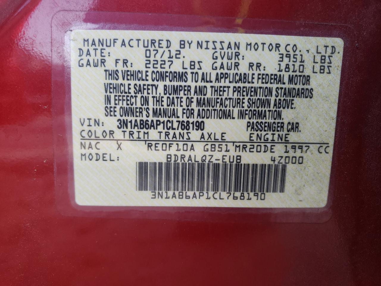 Photo 10 from auction – 2012 NISSAN SENTRA 2.0 with VIN 3N1AB6AP1CL768190