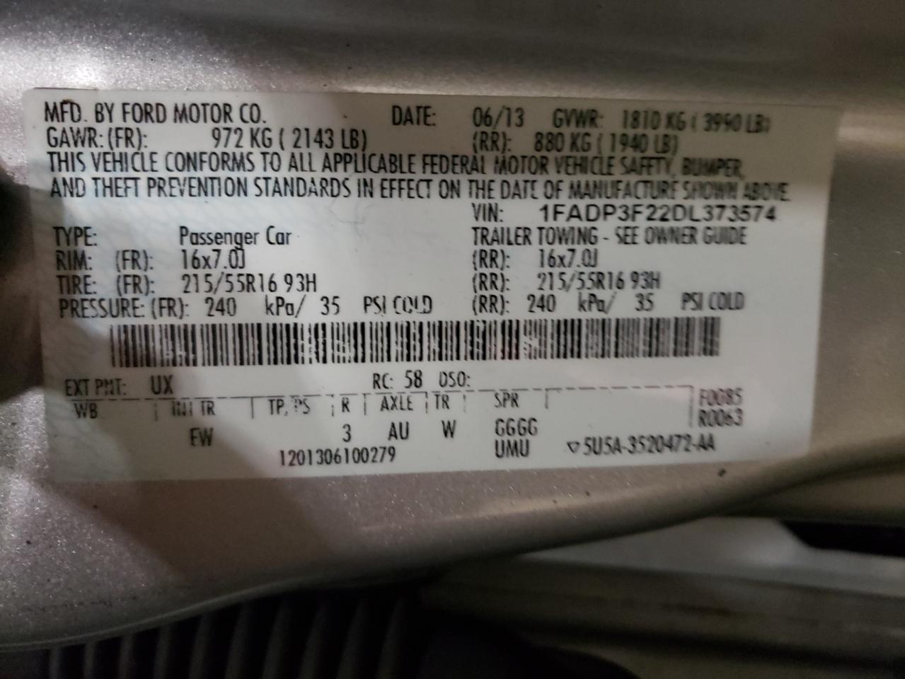 Photo 10 from auction – 2013 FORD FOCUS SE with VIN 1FADP3F22DL373574