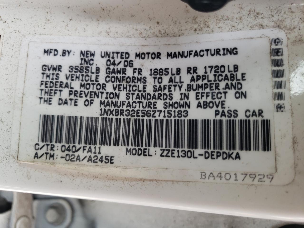 Photo 10 from auction – 2006 TOYOTA COROLLA CE with VIN 1NXBR32E56Z715183