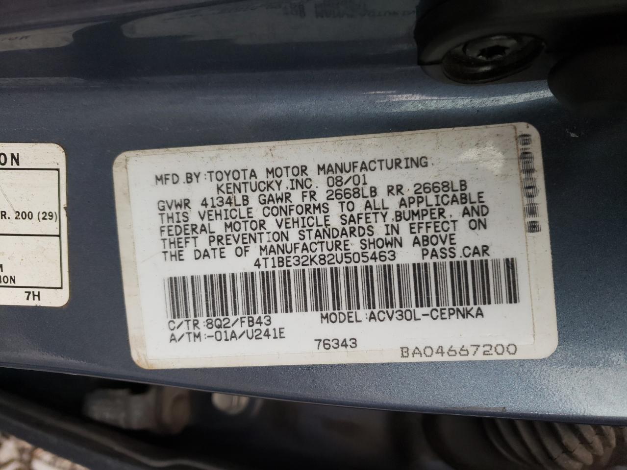 Photo 10 from auction – 2002 TOYOTA CAMRY LE with VIN 4T1BE32K82U505463