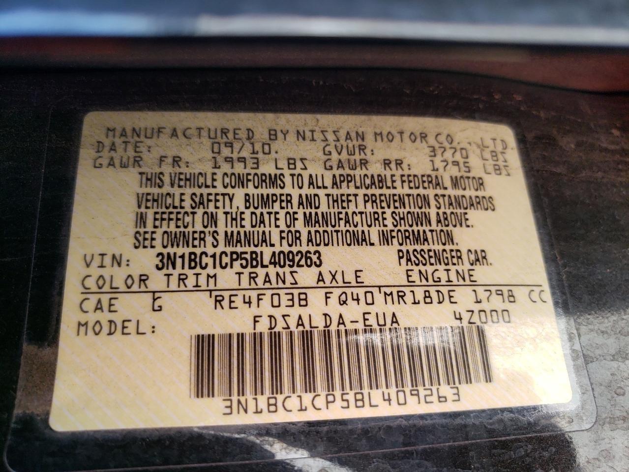 Photo 10 from auction – 2011 NISSAN VERSA S with VIN 3N1BC1CP5BL409263