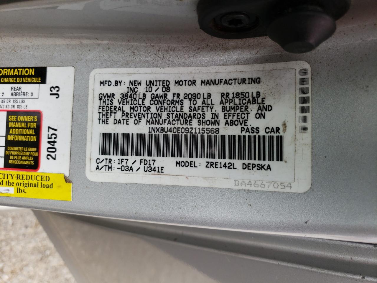 Photo 10 from auction – 2009 TOYOTA COROLLA BA with VIN 1NXBU40E09Z115568