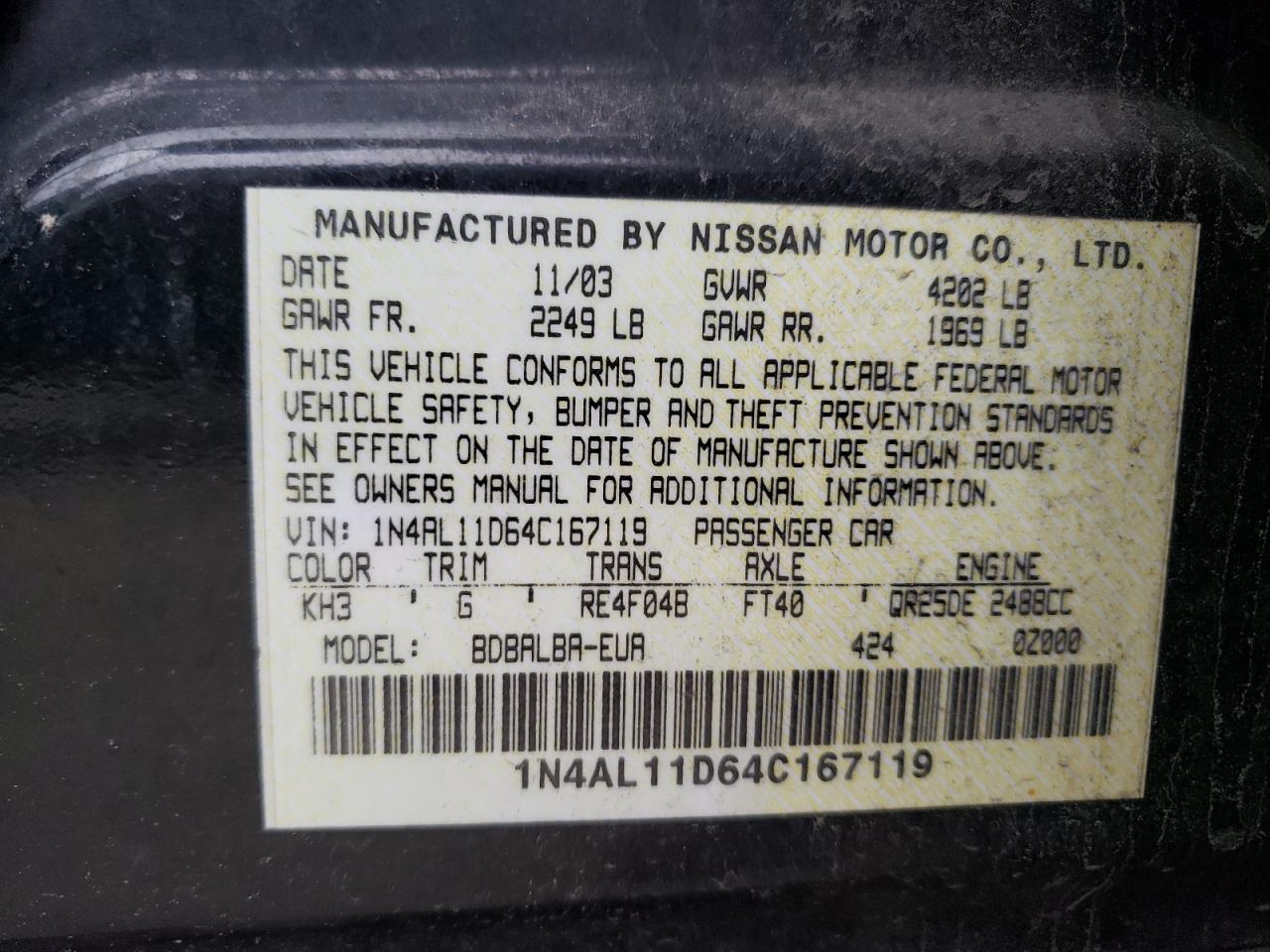 Photo 10 from auction – 2004 NISSAN ALTIMA BAS with VIN 1N4AL11D64C167119
