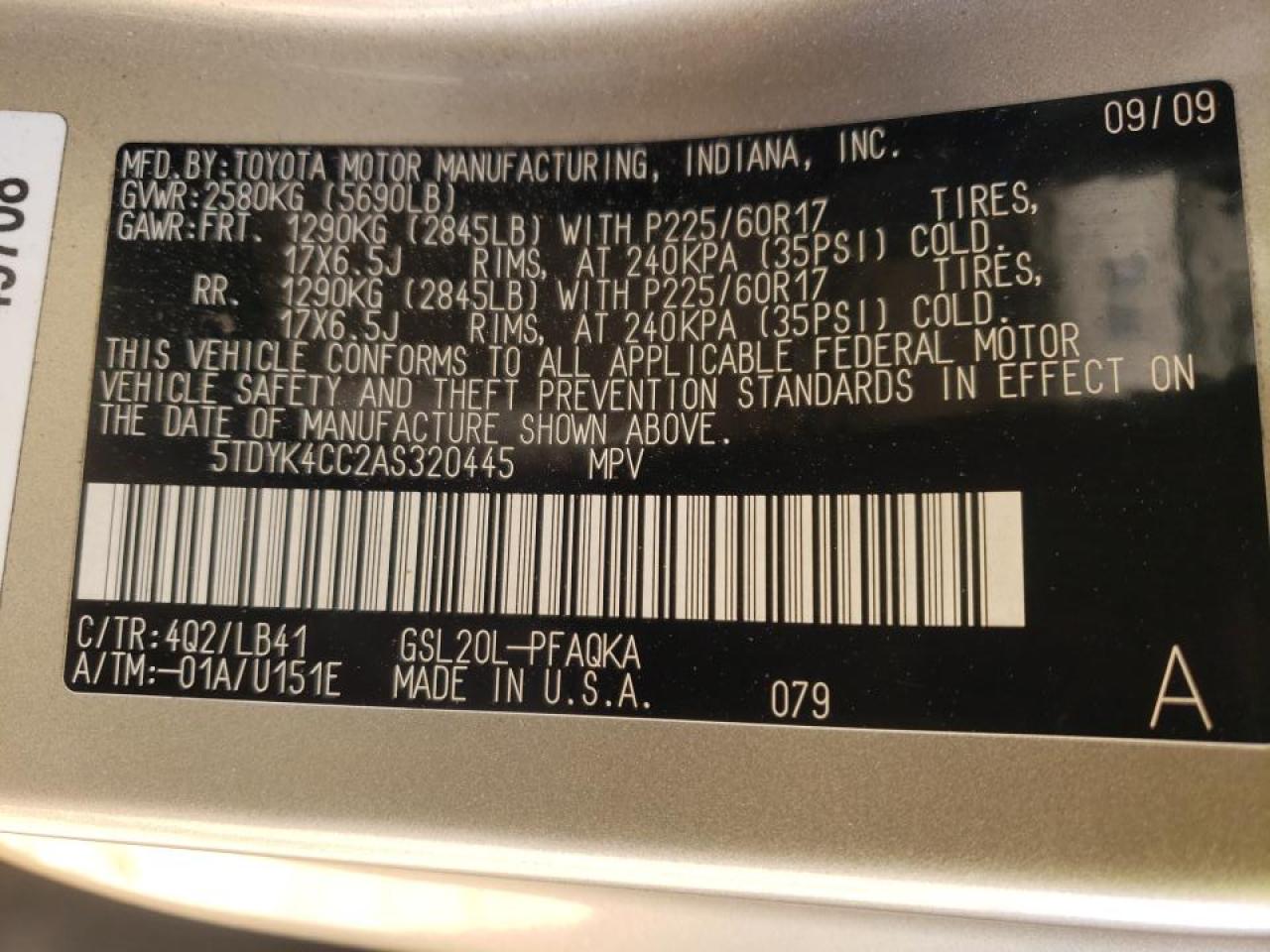 Photo 10 from auction – 2010 TOYOTA SIENNA XLE with VIN 5TDYK4CC2AS320445