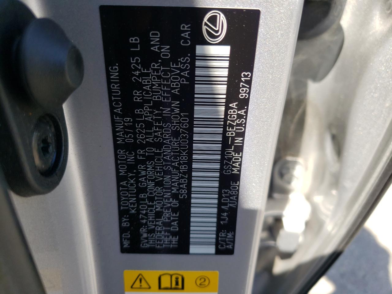 Photo 10 from auction – 2019 LEXUS ES 350 with VIN 58ABZ1B18KU037601