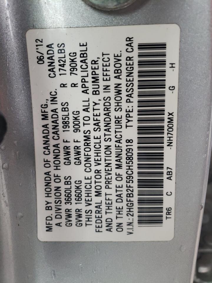 Photo 10 from auction – 2012 HONDA CIVIC LX with VIN 2HGFB2F59CH580918