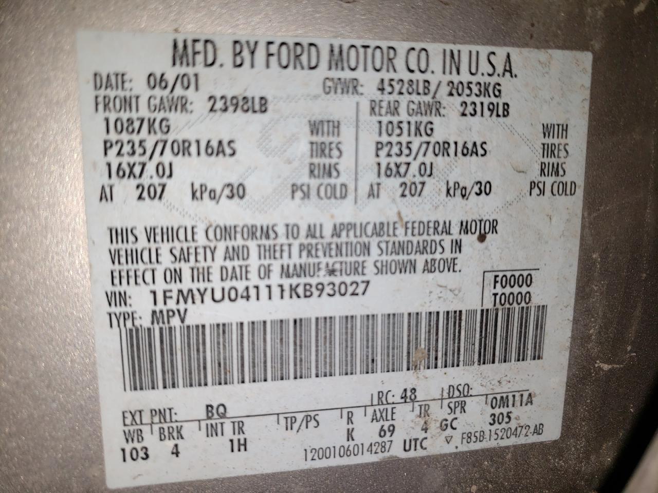Photo 10 from auction – 2001 FORD ESCAPE XLT with VIN 1FMYU04111KB93027