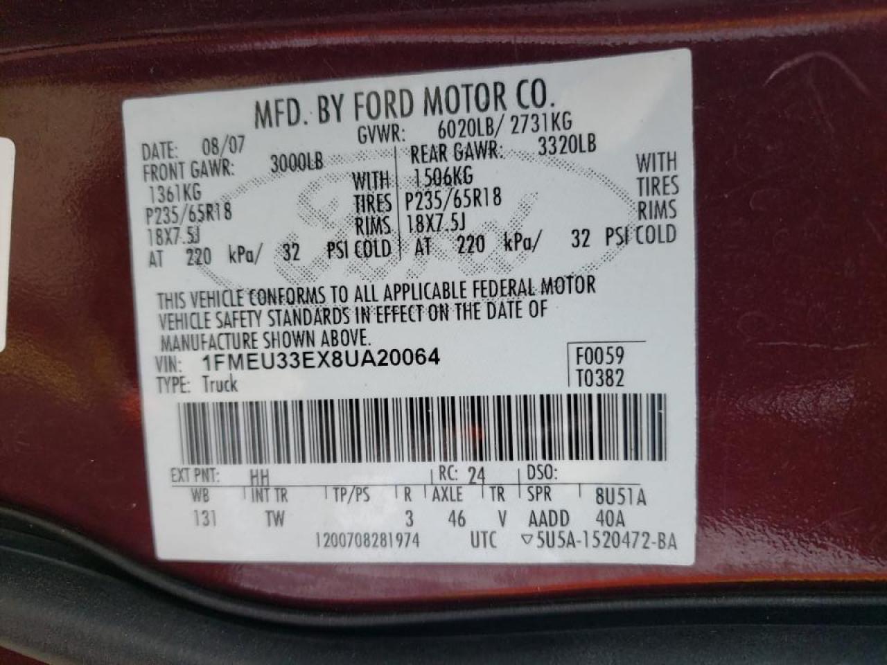 Photo 10 from auction – 2008 FORD EXPLORER S with VIN 1FMEU33EX8UA20064