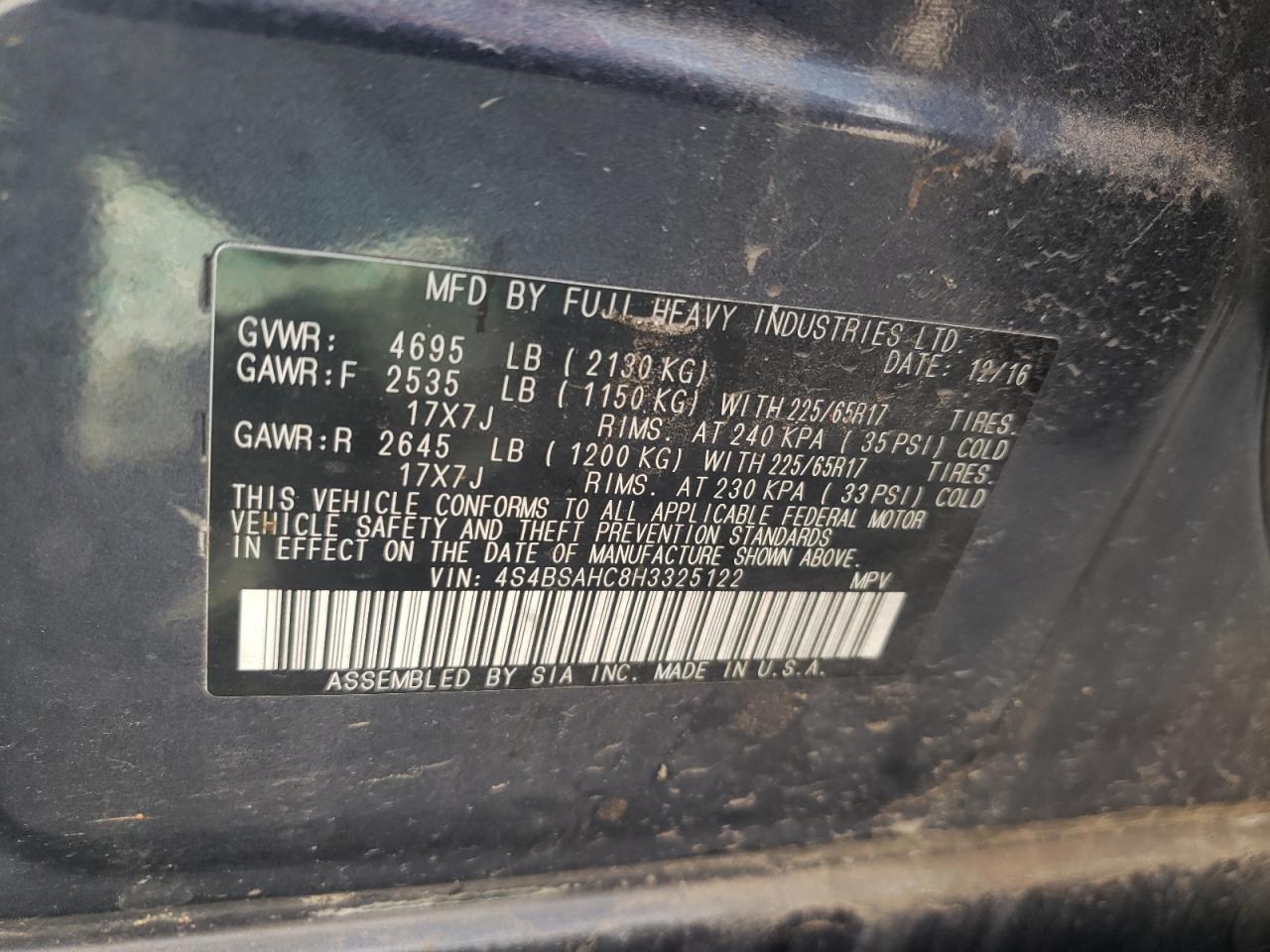 Photo 10 from auction – 2017 SUBARU OUTBACK 2. with VIN 4S4BSAHC8H3325122