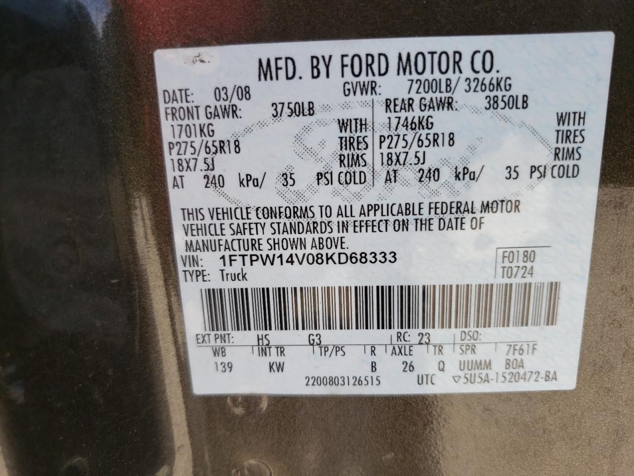 Photo 10 from auction – 2008 FORD F150 SUPER with VIN 1FTPW14V08KD68333