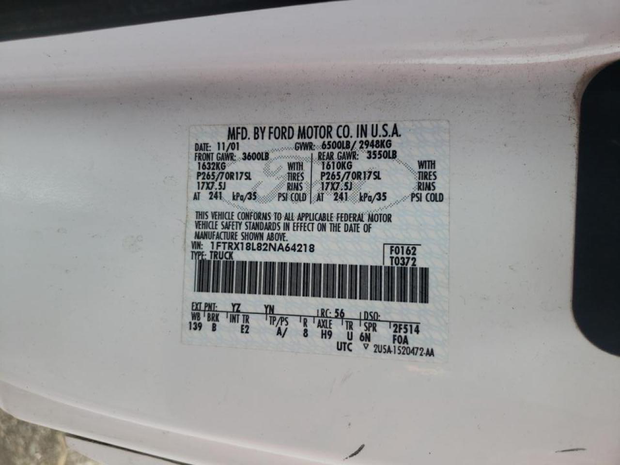 Photo 10 from auction – 2002 FORD F150 with VIN 1FTRX18L82NA64218