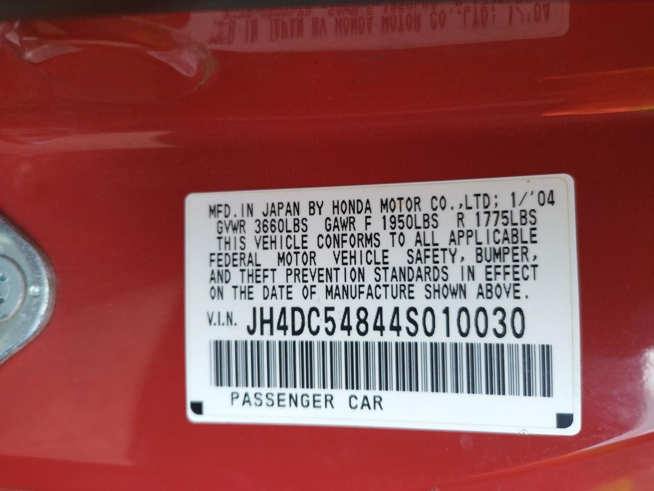 Photo 10 from auction – 2004 ACURA RSX with VIN JH4DC54844S010030
