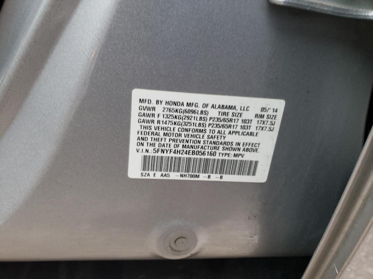 Photo 10 from auction – 2014 HONDA PILOT LX with VIN 5FNYF4H24EB056160