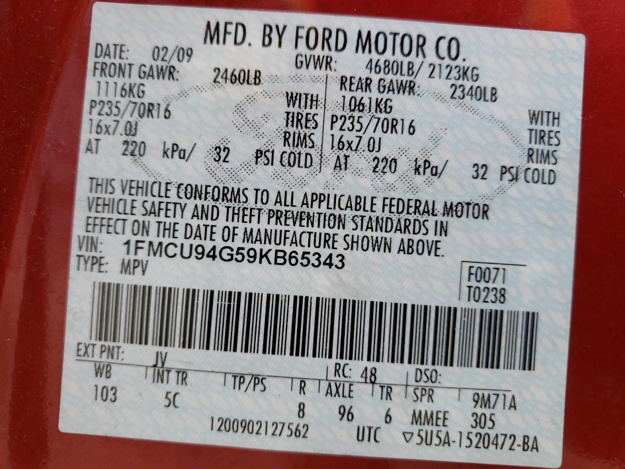 Photo 10 from auction – 2009 FORD ESCAPE LIM with VIN 1FMCU94G59KB65343