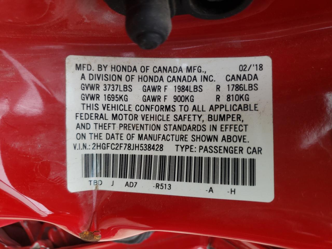 Photo 10 from auction – 2018 HONDA CIVIC EX with VIN 2HGFC2F78JH538428