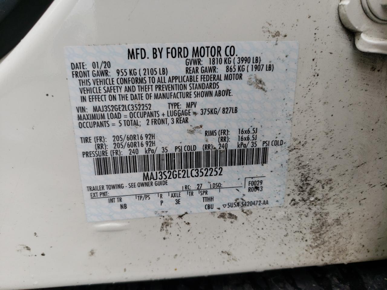 Photo 10 from auction – 2020 FORD ECOSPORT S with VIN MAJ3S2GE2LC352252