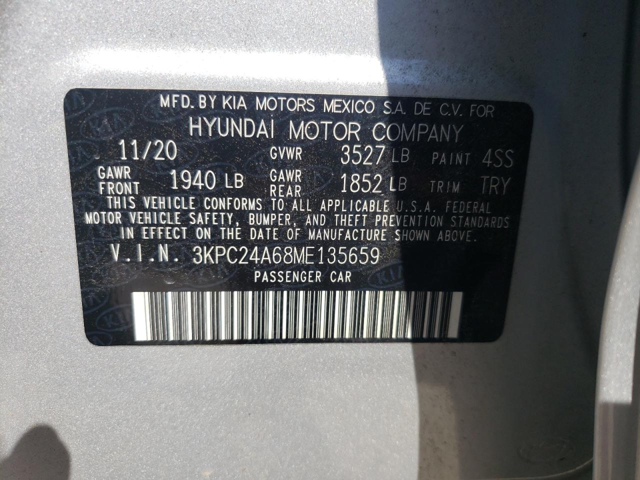 Photo 10 from auction – 2021 HYUNDAI ACCENT SE with VIN 3KPC24A68ME135659