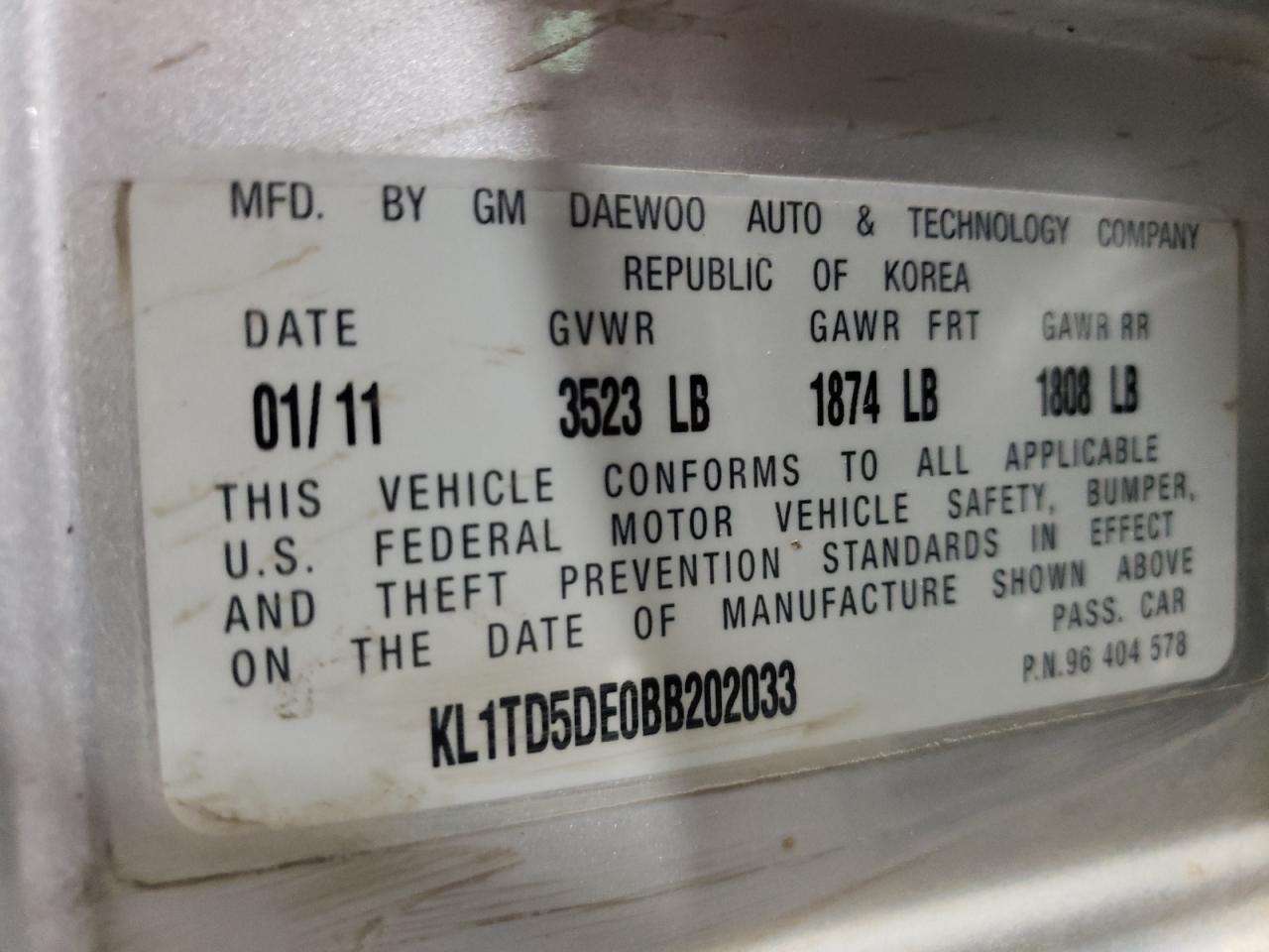 Photo 10 from auction – 2011 CHEVROLET AVEO LS with VIN KL1TD5DE0BB202033
