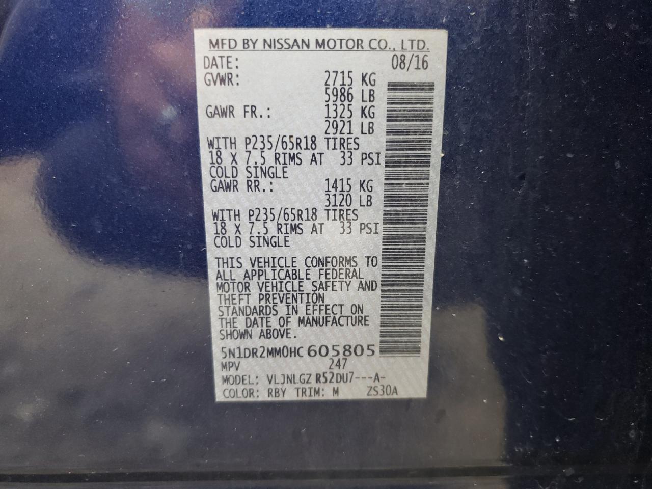 Photo 11 from auction – 2017 NISSAN PATHFINDER with VIN 5N1DR2MM0HC605805