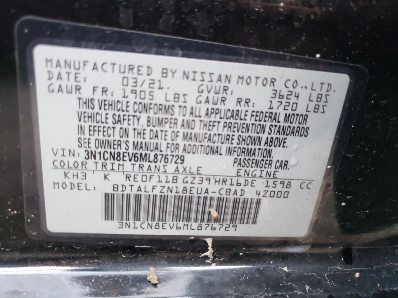 Photo 10 from auction – 2021 NISSAN VERSA SV with VIN 3N1CN8EV6ML876729