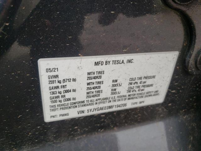Photo 10 from auction – 2021 TESLA MODEL Y with VIN 5YJYGAEE0MF194206