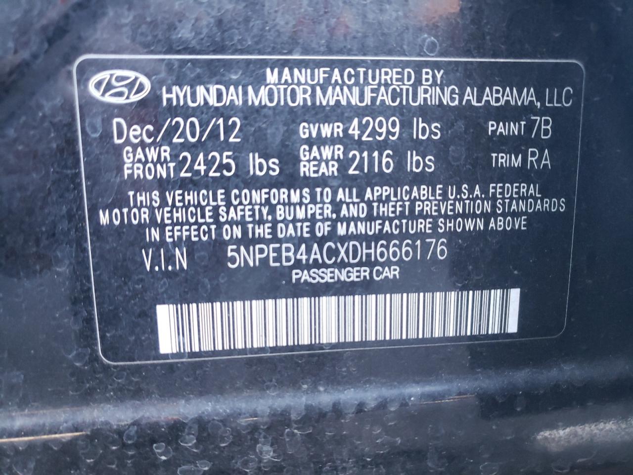 Photo 10 from auction – 2013 HYUNDAI SONATA GLS with VIN 5NPEB4ACXDH666176