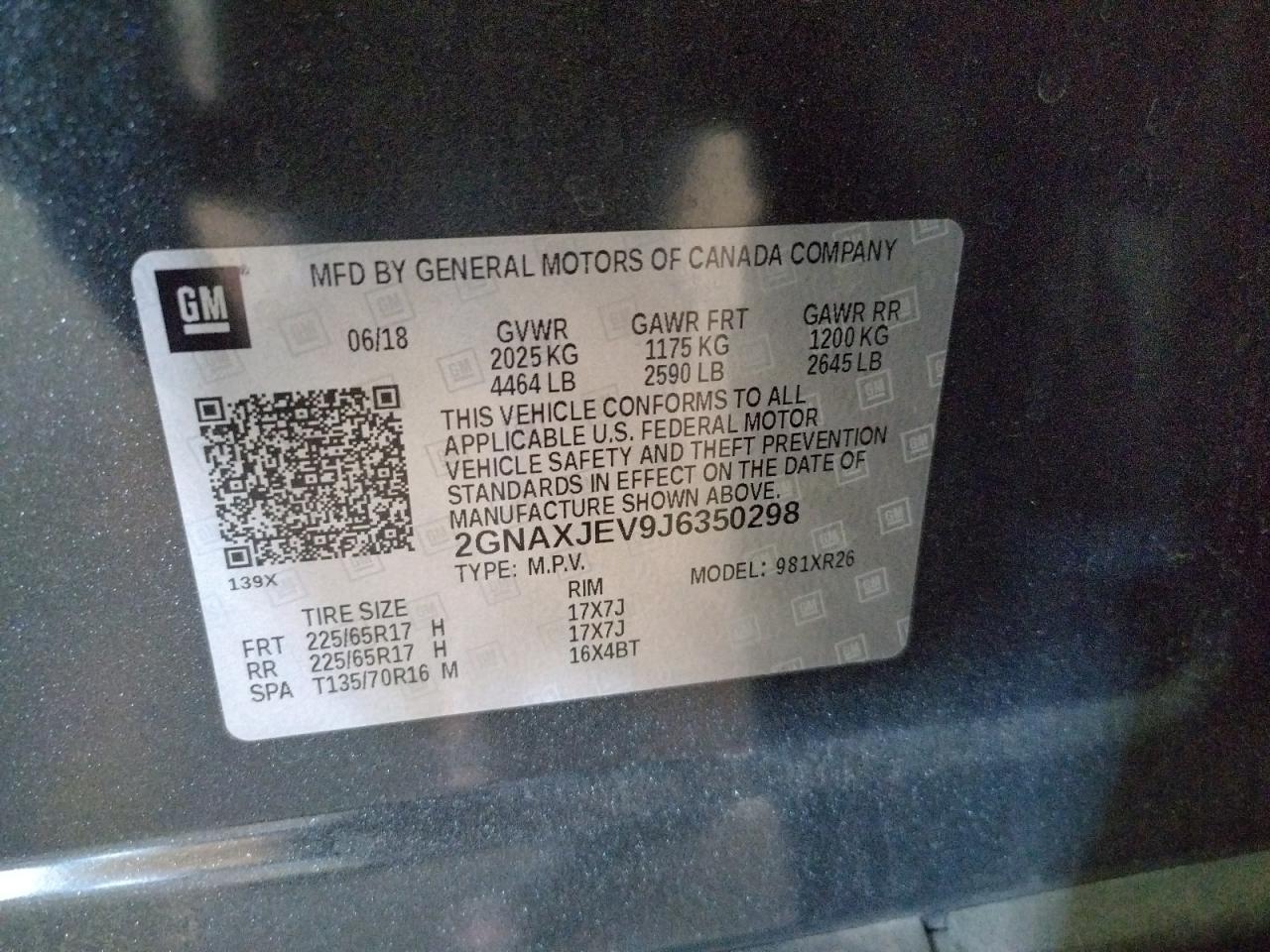 Photo 10 from auction – 2018 CHEVROLET EQUINOX LT with VIN 2GNAXJEV9J6350298