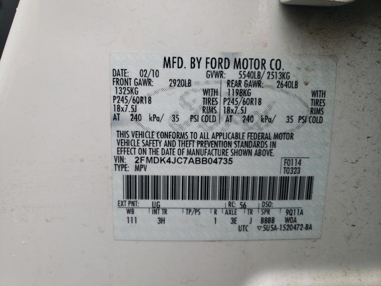 Photo 10 from auction – 2010 FORD EDGE SEL with VIN 2FMDK4JC7ABB04735